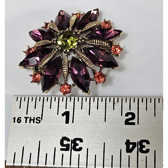 Vtg Graziano Brooch Flower Starburst Purple Red Green Faceted Rhinestones Foiled - Picture 5 of 5